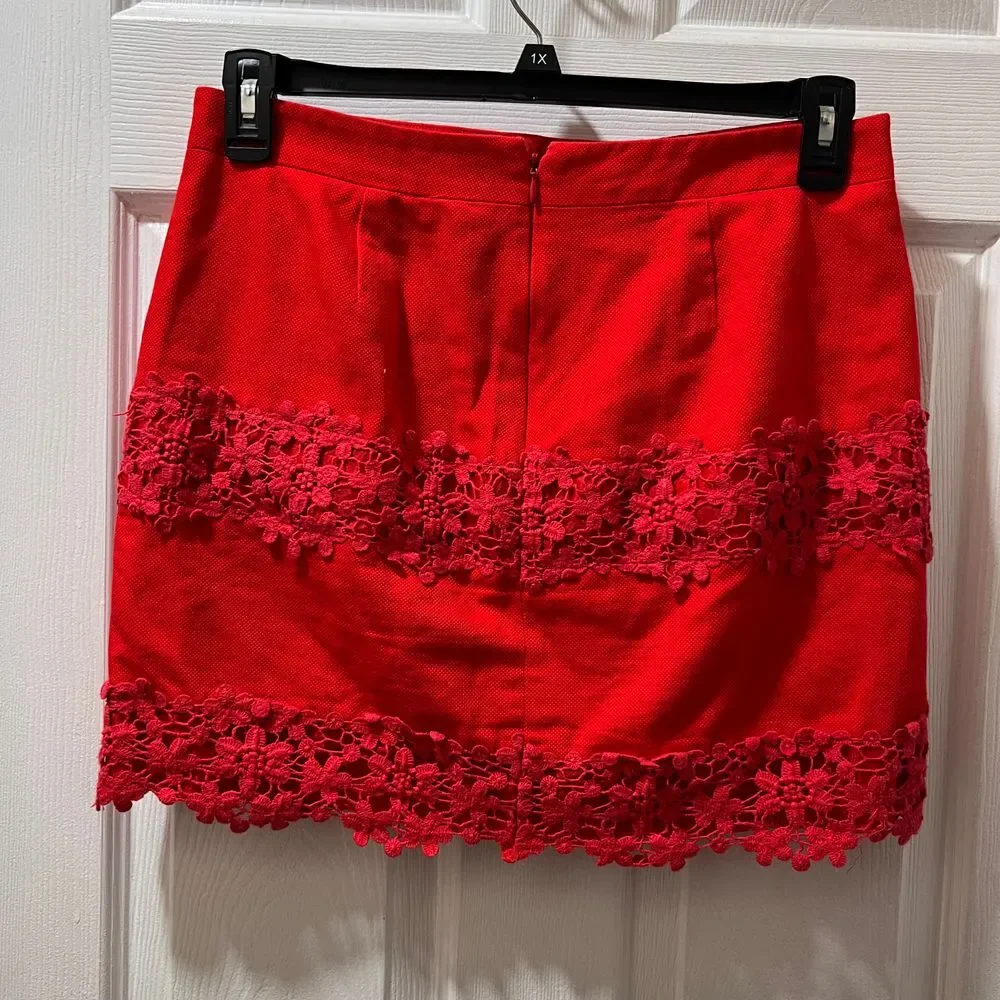 Elegant Red Mini Skirt with Floral Lace Trim Detail - Perfect for Evening Events